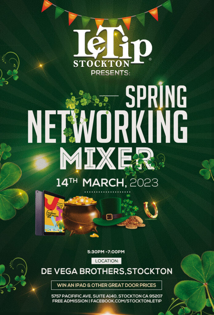 LeTip Spring Networking Mixer Flyer. Event on 14th March 2023, from 5 pm at De Vega Brothers Restaurant in Stockton.